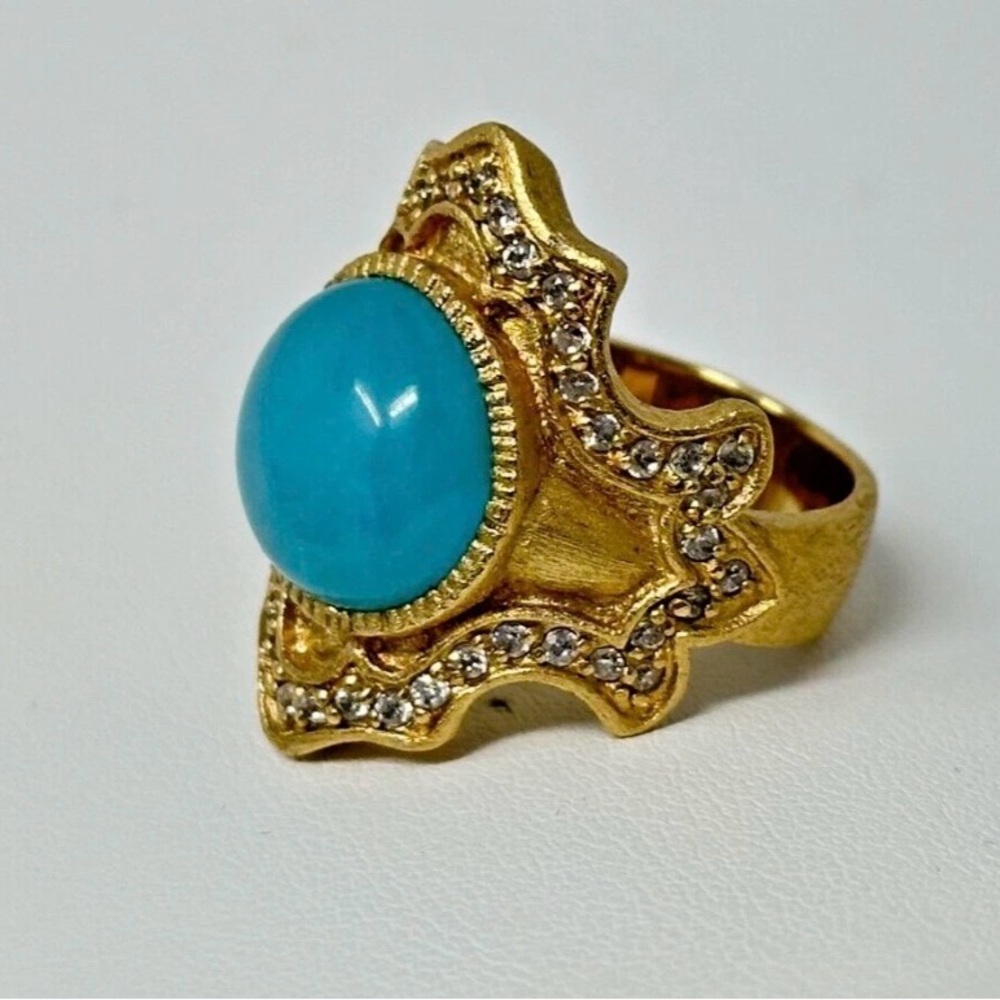 Ralph Lauren Matte Gold-Plated Clear Rhinestone Blue Cabochon Size 6.75/7 Ring - Picture 2 of 7
